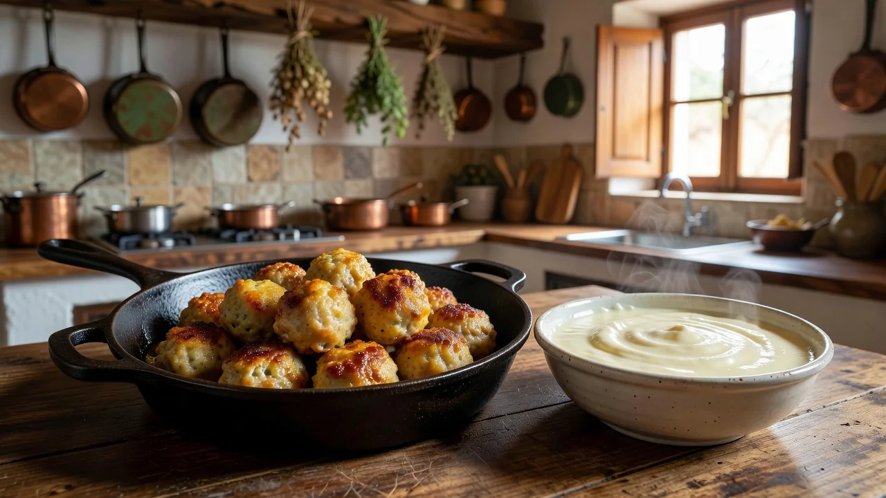 Almôndegas douradas numa frigideira, béchamel cremoso numa taça ao lado