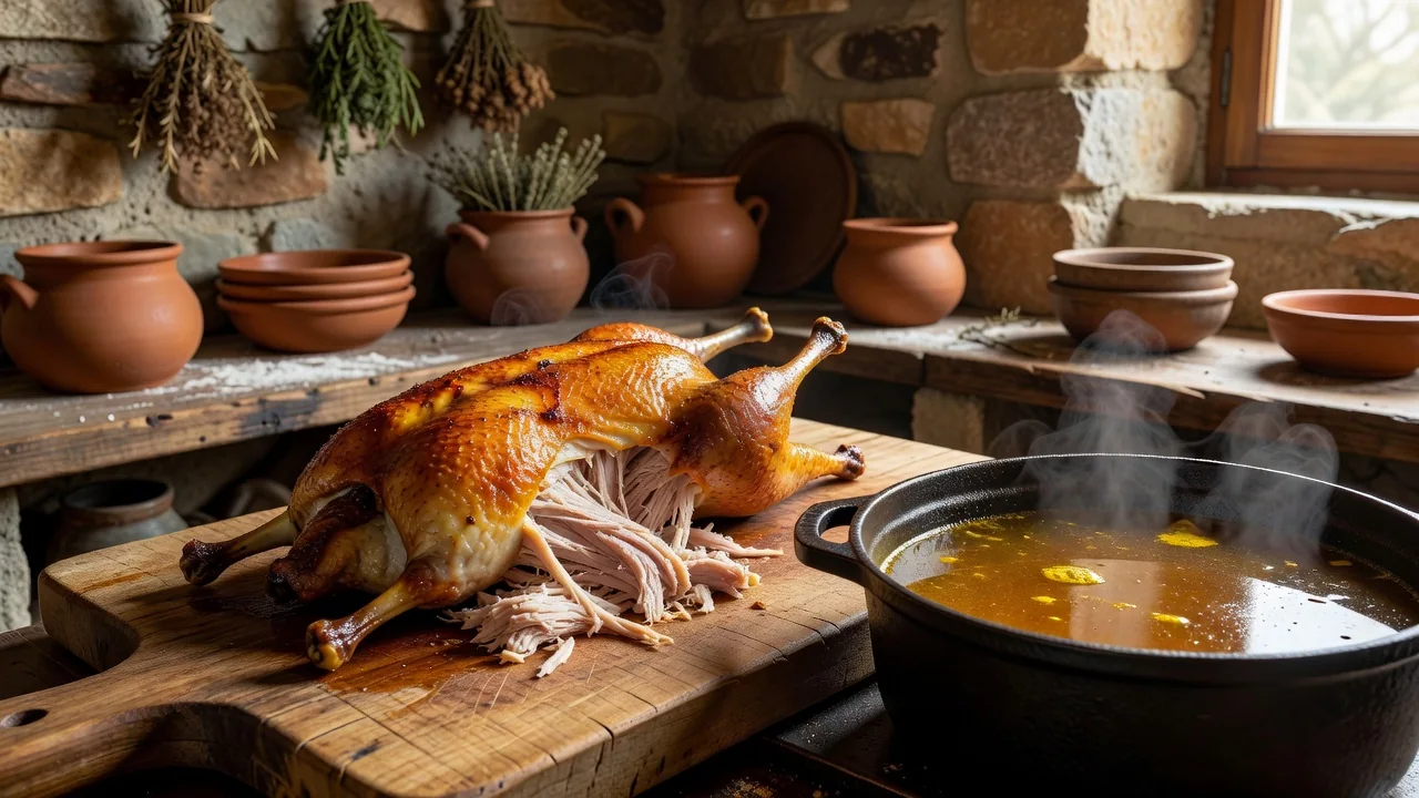Pato cozido a ser desfiado sobre tábua, caldo aromático num tacho ao lado