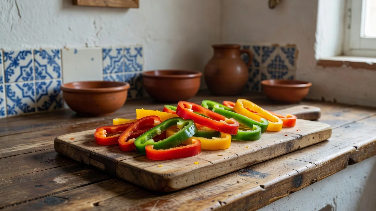 Pimentos vermelhos, verdes e amarelos em tiras sobre tábua de corte