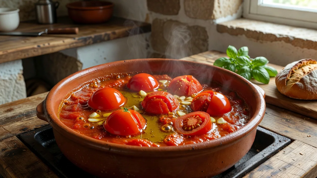 Tomates maduros a fritar em azeite com alho num tacho, molho vermelho a engrossar