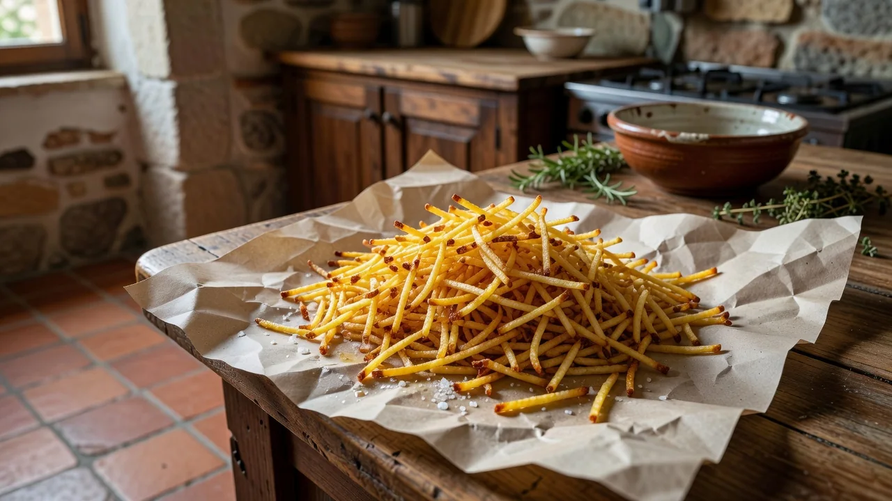 Batata palha dourada a escorrer sobre papel de cozinha