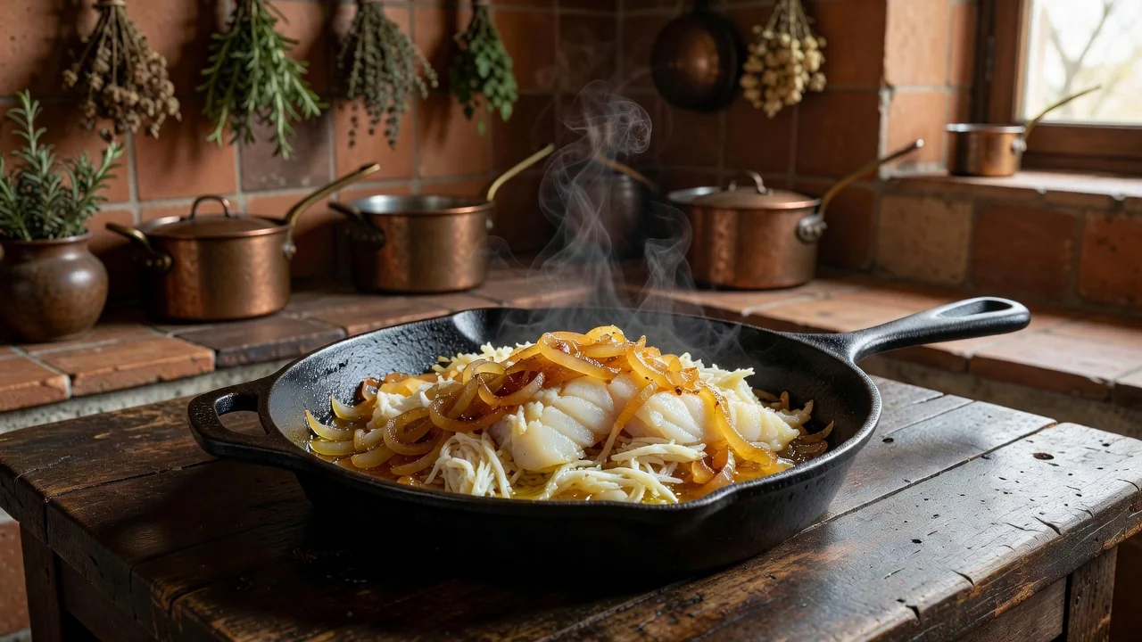 Tacho com lascas de bacalhau salteadas com cebola dourada em azeite