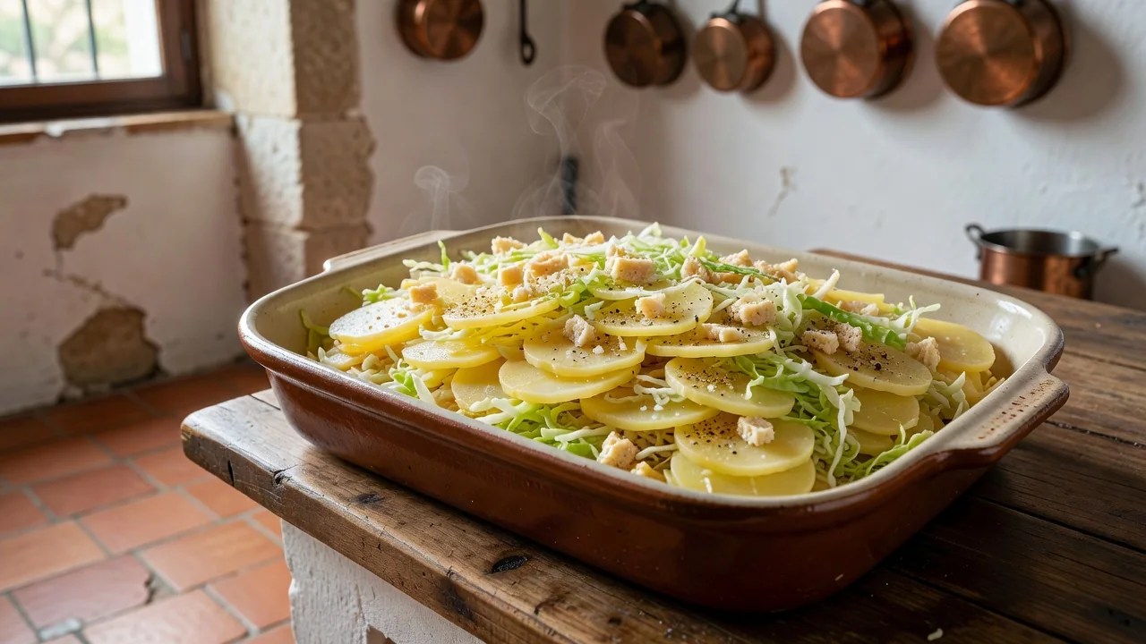 Camadas de batata, repolho e soja texturizada num tabuleiro antes de ir ao forno