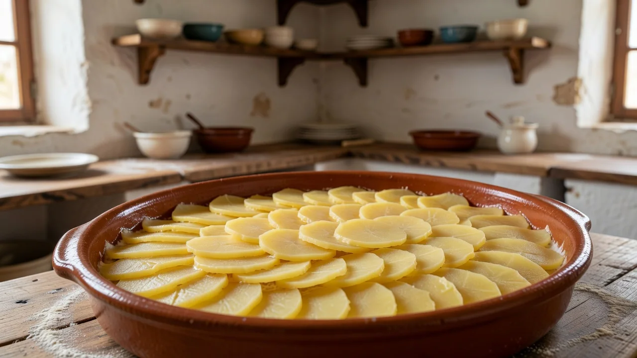 Fatias finas de batata dispostas em camadas sobrepostas num tabuleiro untado