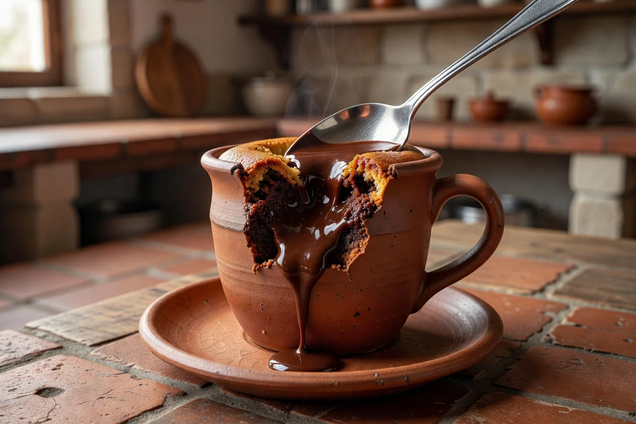Bolo de caneca de chocolate com centro húmido, acabado de sair da airfryer