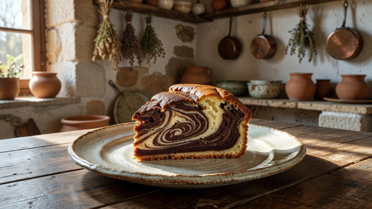 Fatia de bolo mármore com veios de chocolate e baunilha num prato de loiça