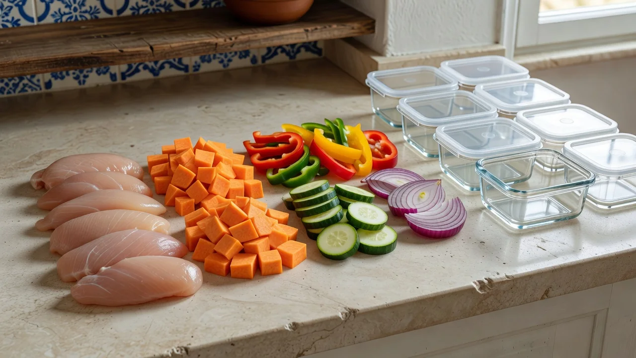 Marmitas de vidro com frango assado, legumes coloridos e arroz integral