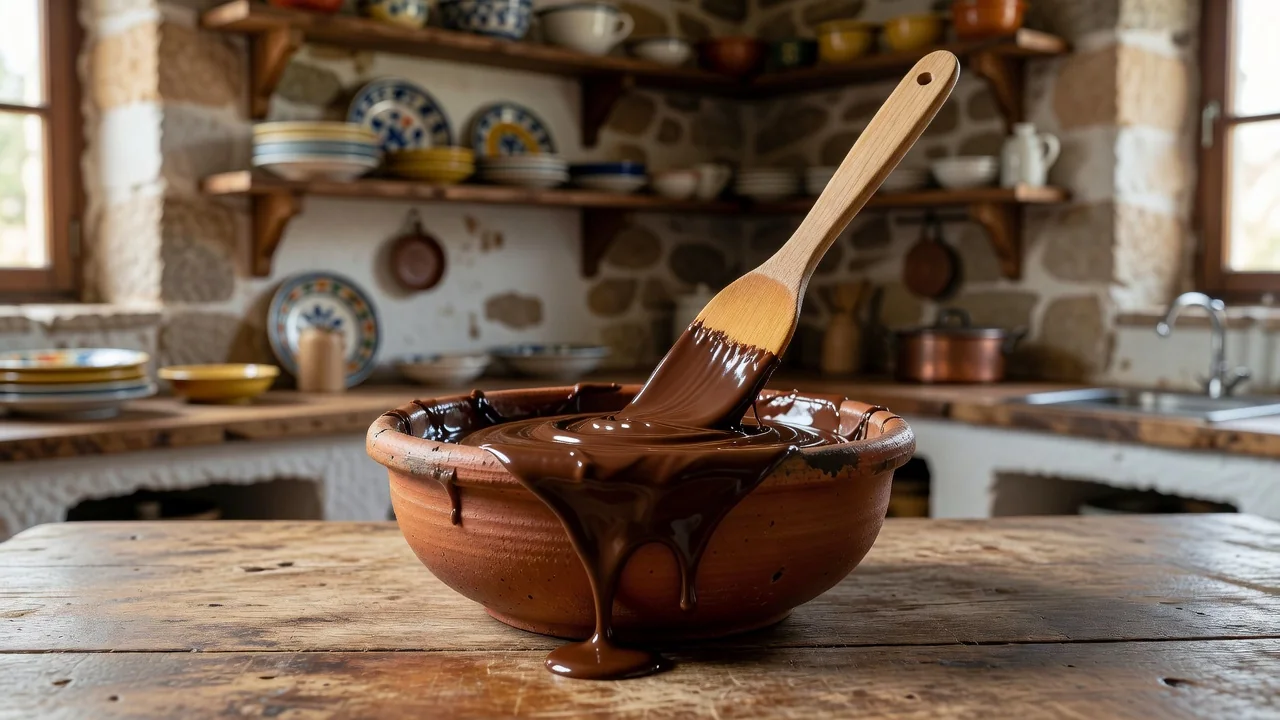 Chocolate negro derretido brilhante numa taça com espátula