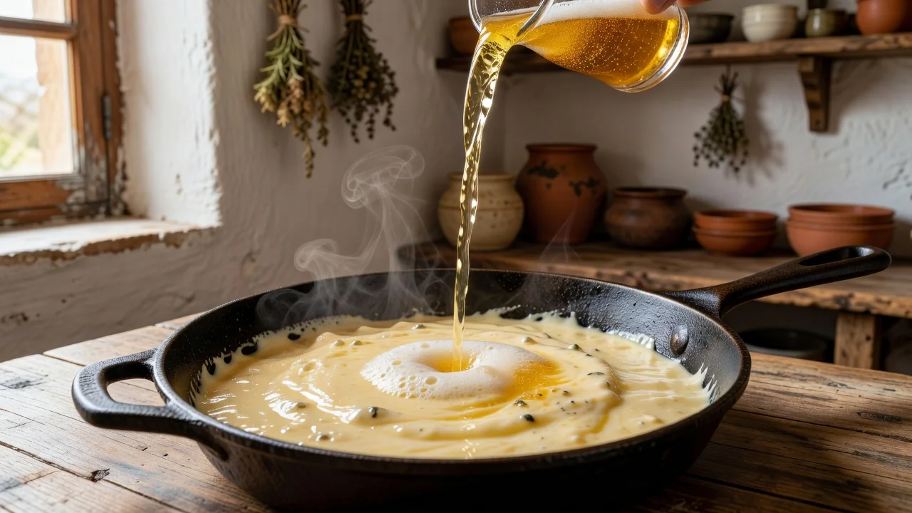 Cerveja a ser vertida numa frigideira com molho cremoso de queijo