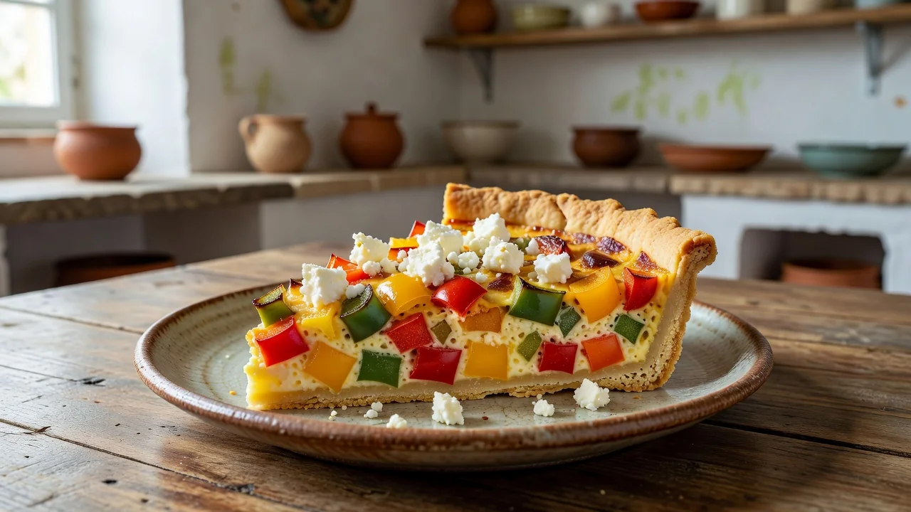 Fatia de quiche com legumes coloridos e queijo feta esfarelado