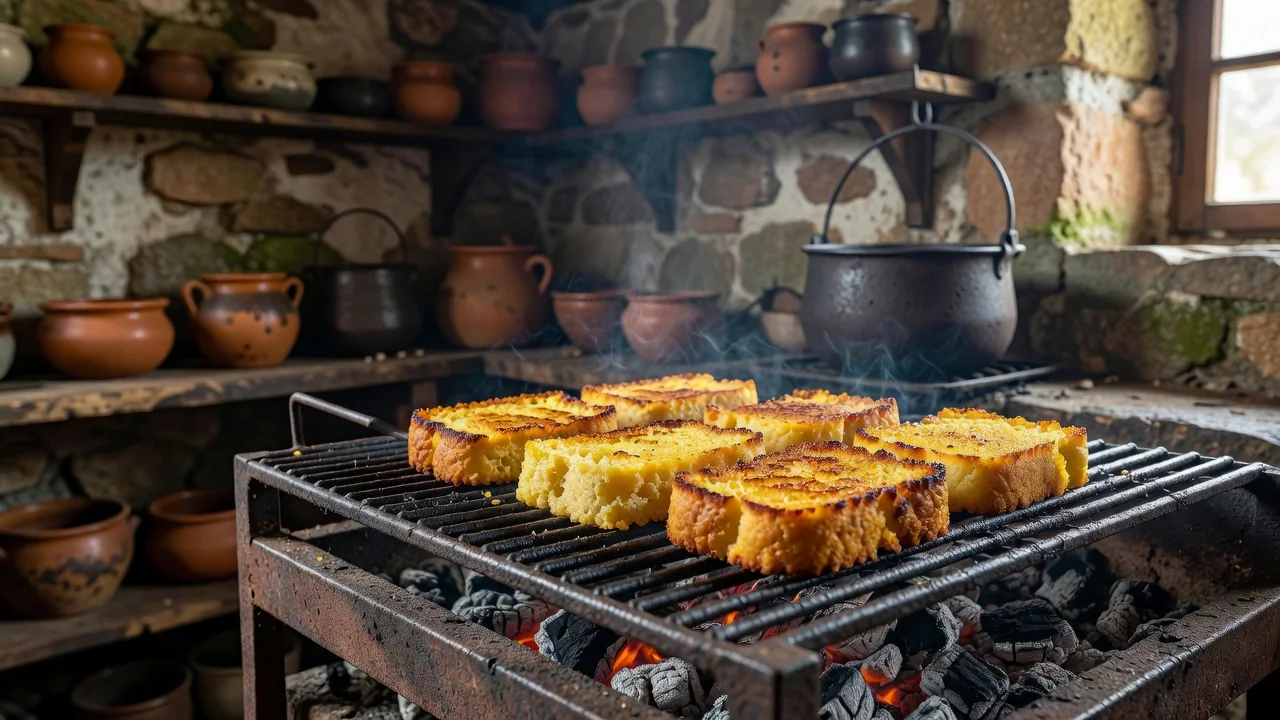 Fatias de pão de milho a tostar na borda de uma grelha de carvão