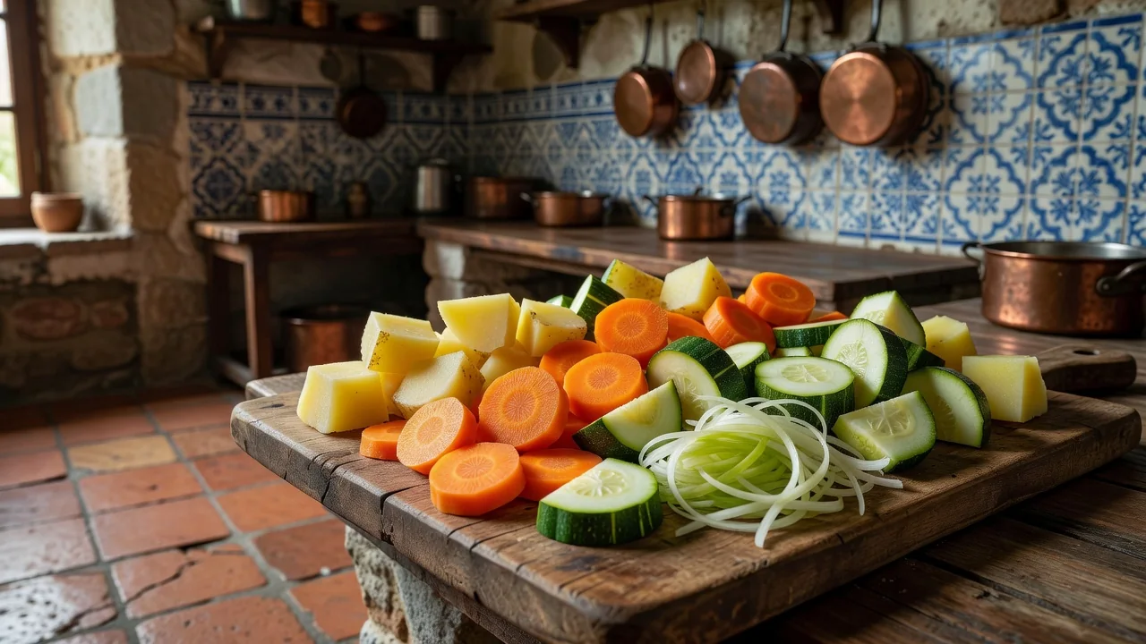 Legumes variados cortados em pedaços sobre tábua: batata, cenoura, courgette e alho-porro
