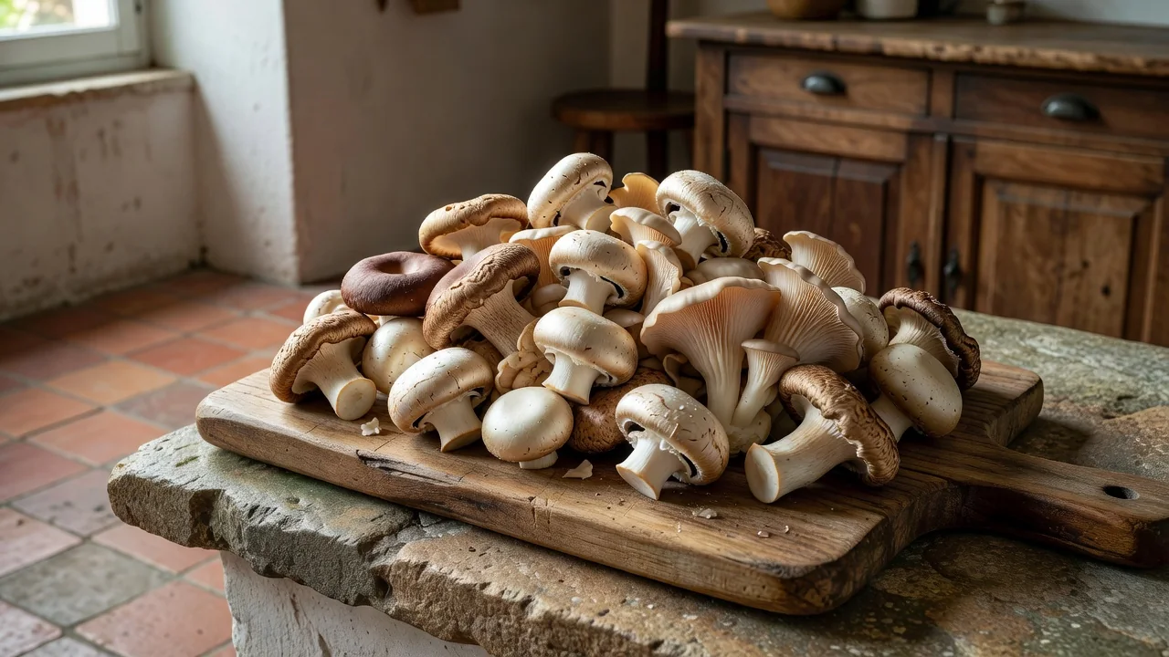 Mistura de cogumelos frescos paris, shiitake e pleurotus sobre tábua de madeira