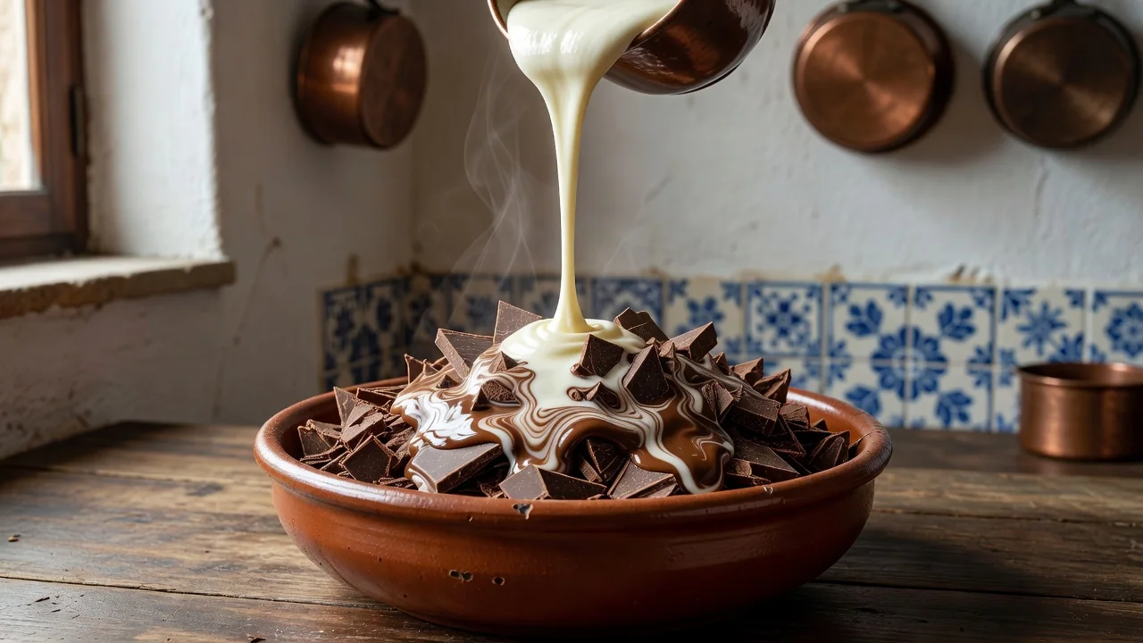 Natas quentes a serem vertidas sobre chocolate picado numa taça
